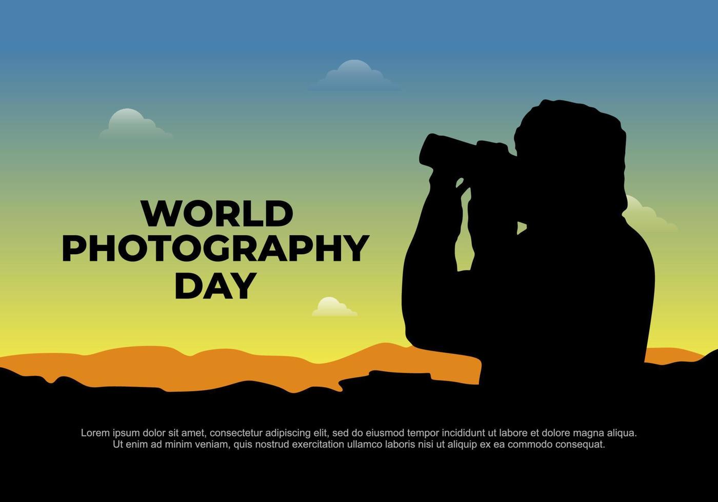 World photography day banner poster on august 19 with man shooting in sunset. vector