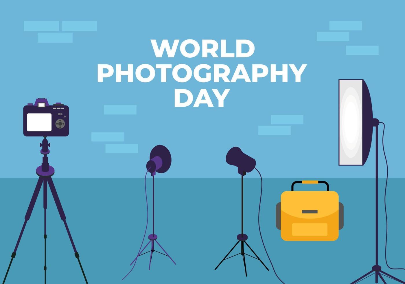 World photography day banner poster on august 19 with studio photo set on blue background. vector
