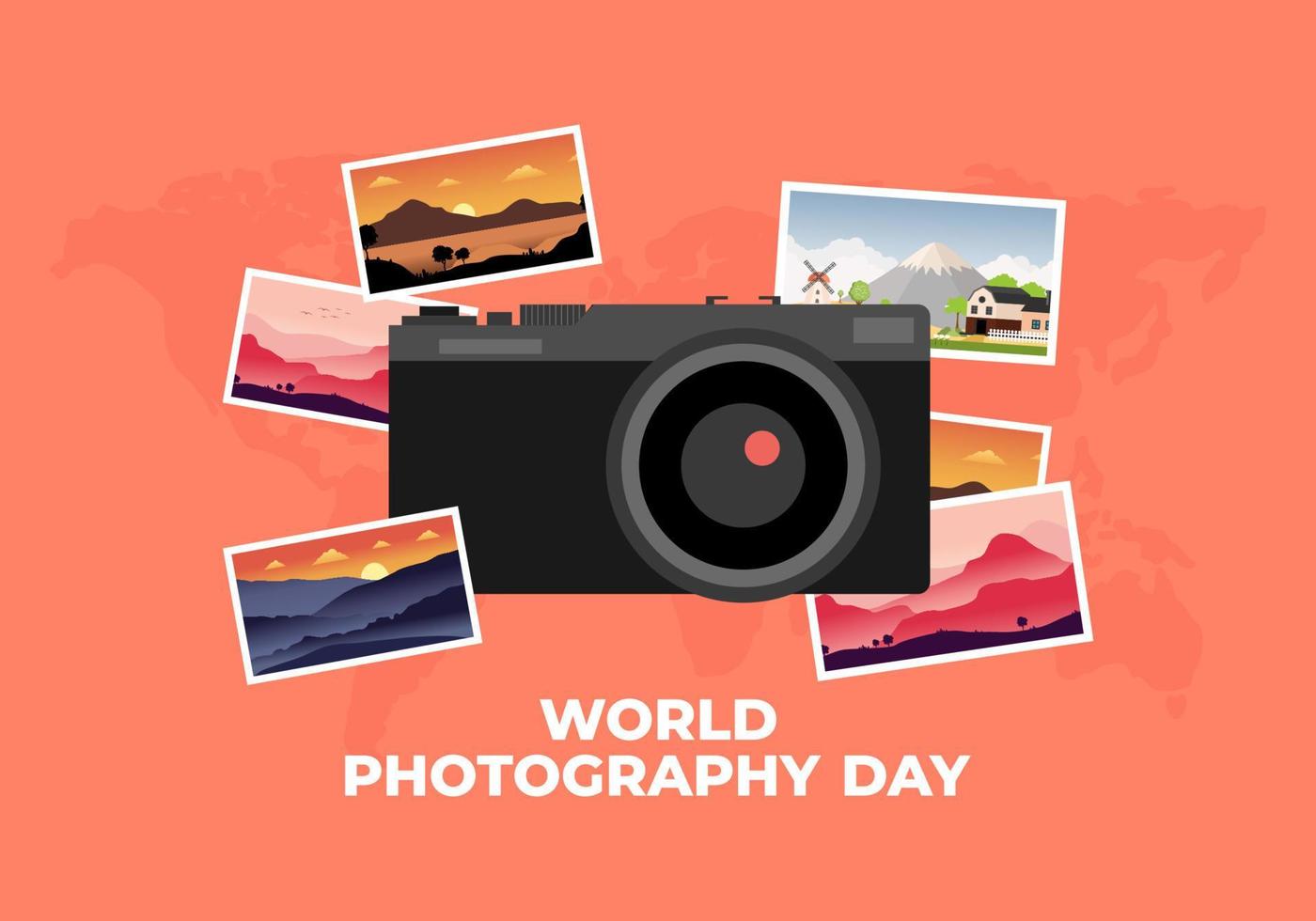 World photography day banner poster on august 19 with classic camera and photo set on pink background. vector