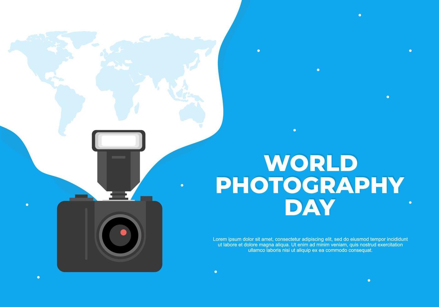 World photography day banner poster on august 19 with modern camera and world map on blue background. vector