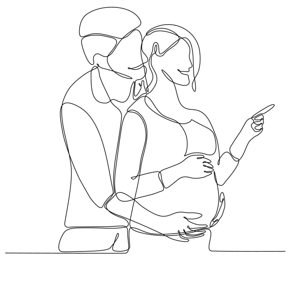 Pregnant girl and her husband. Couple family one continuous line drawing. Simple design vector illustration.