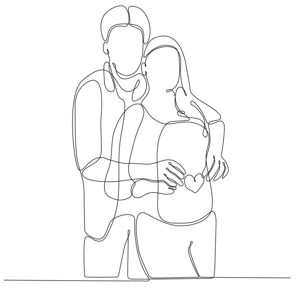 Pregnant girl and her husband. Couple family one continuous line drawing. Simple design vector illustration.