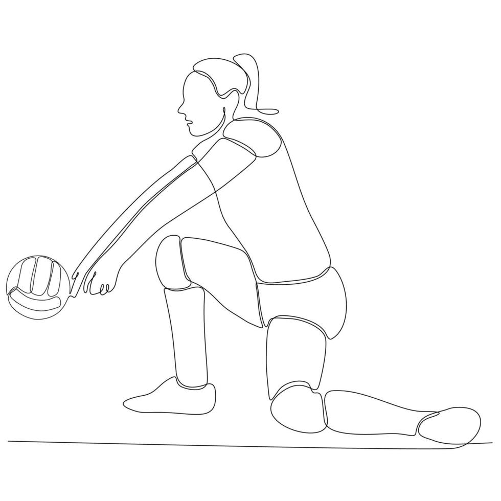 dibujo de línea continua de una jugadora de voleibol profesional aislada con pelota. atleta, deporte, acción, ejercicio, estilo de vida saludable, entrenamiento, concepto de fitness. vector