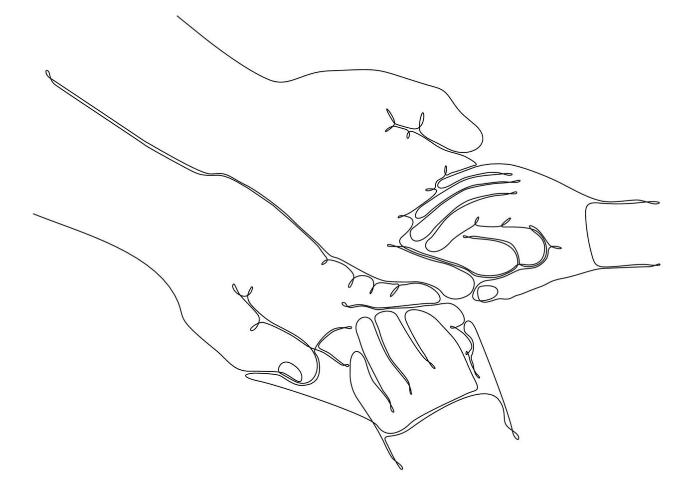Continuous line art Baby holding little finger of adult hand together. One line design style.- vector illustration