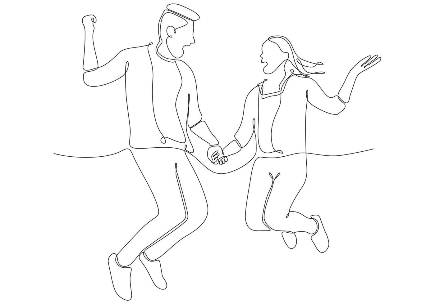 happy jumping couple continuous line drawing vector