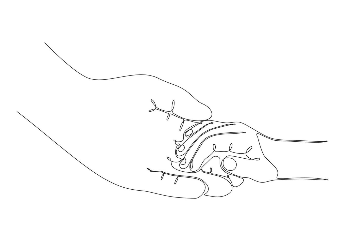 Continuous line art Baby holding little finger of adult hand together. One line design style.- vector illustration