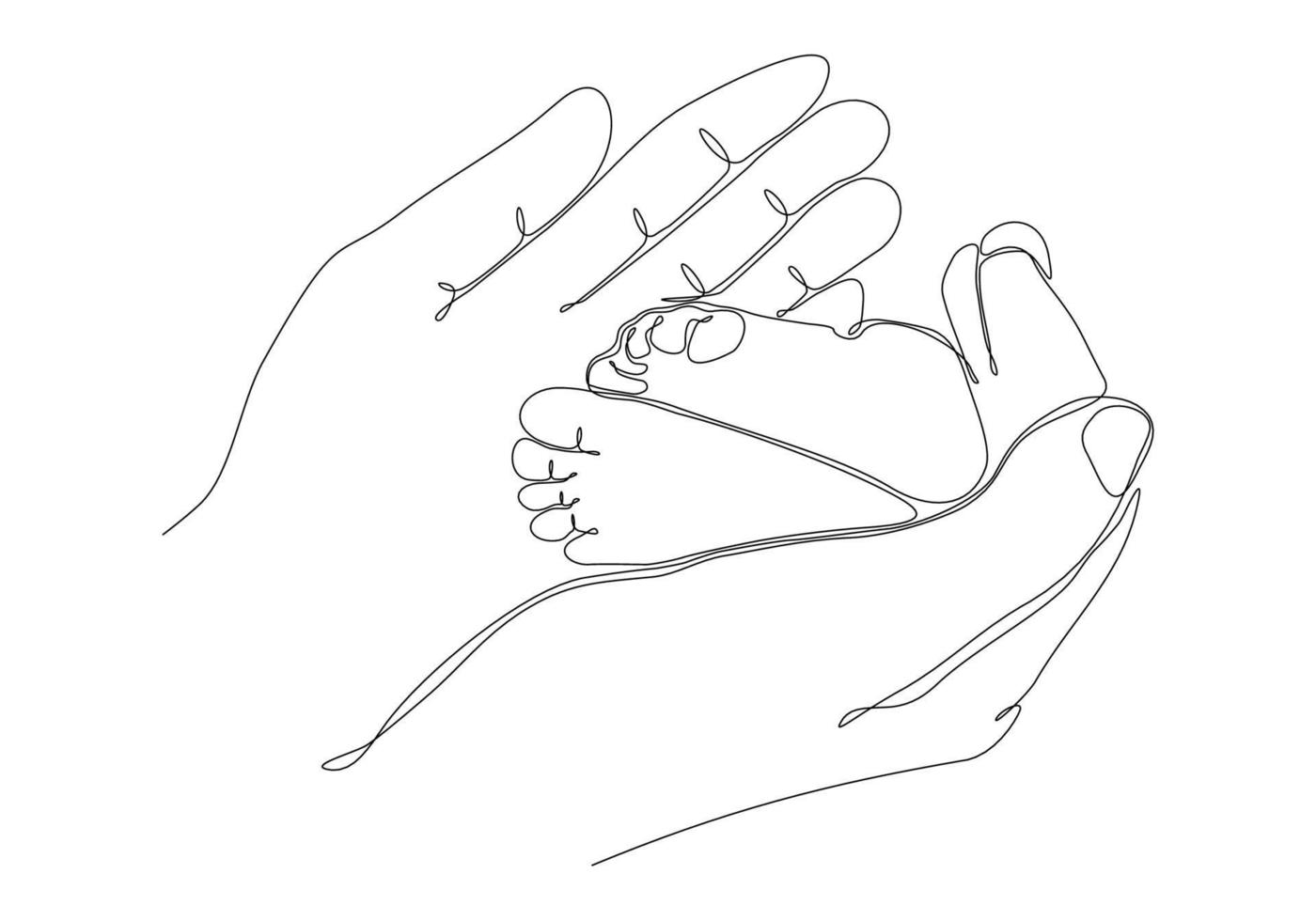 dibujo de línea continua de la mano de la madre con el concepto de pies de bebé, familia de maternidad, ilustración vectorial vector