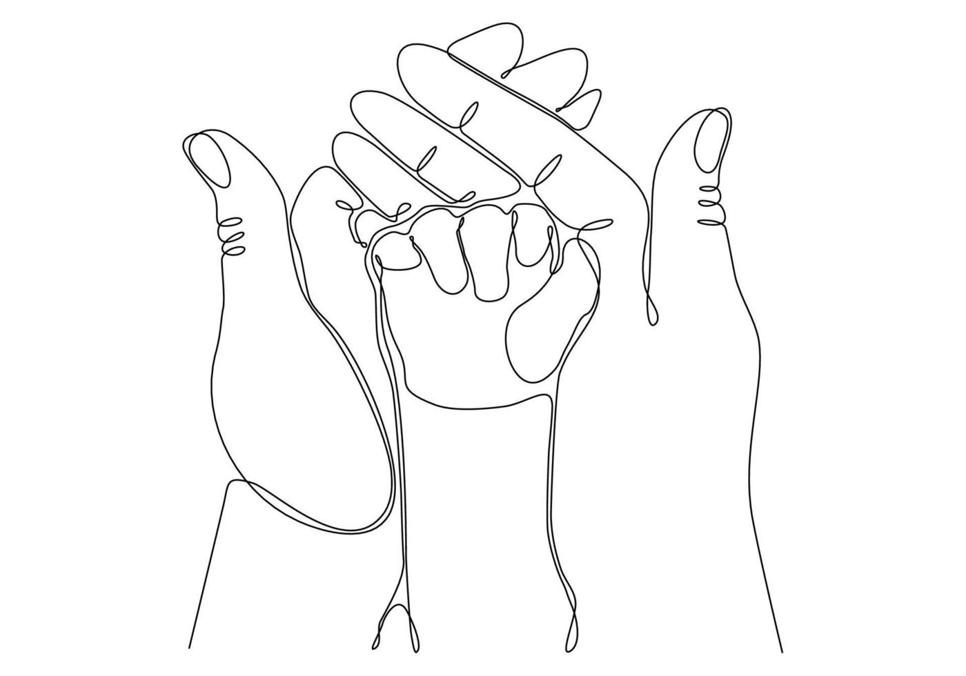 Continuous line art Baby holding little finger of adult hand together. One line design style.- vector illustration