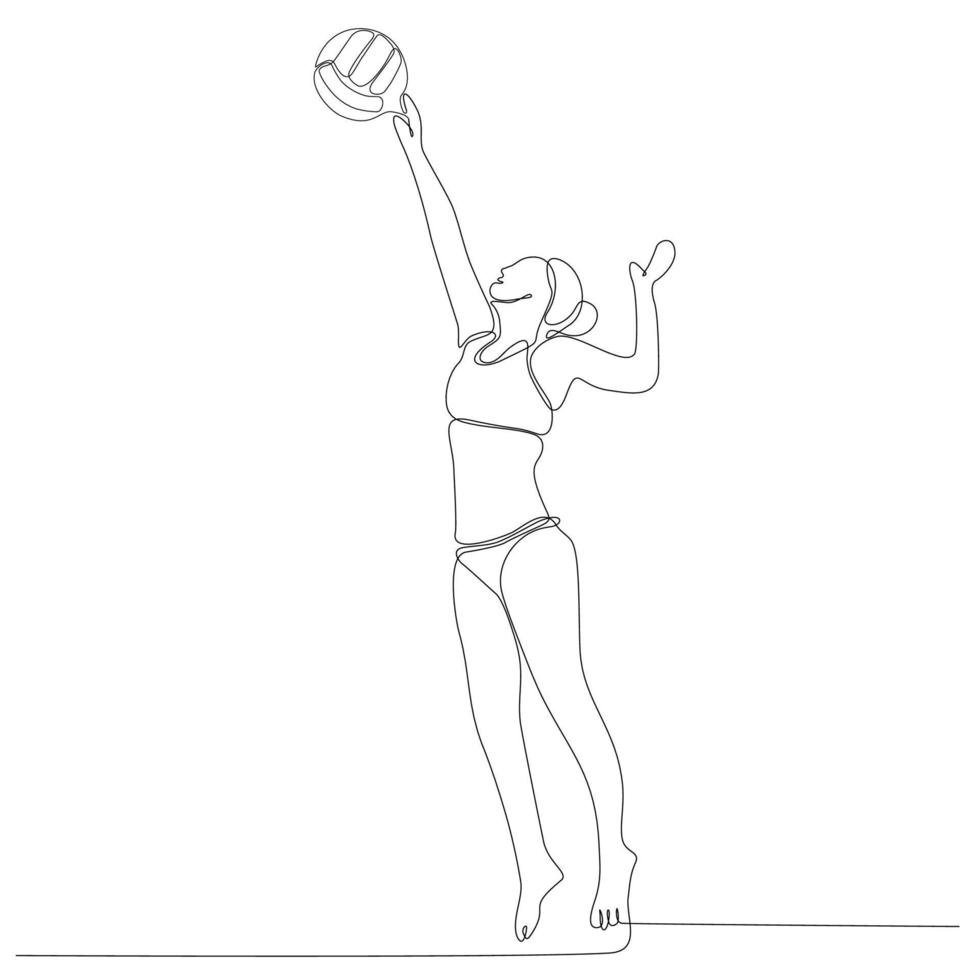 dibujo de línea continua de una jugadora de voleibol profesional aislada con pelota. atleta, deporte, acción, ejercicio, estilo de vida saludable, entrenamiento, concepto de fitness. vector