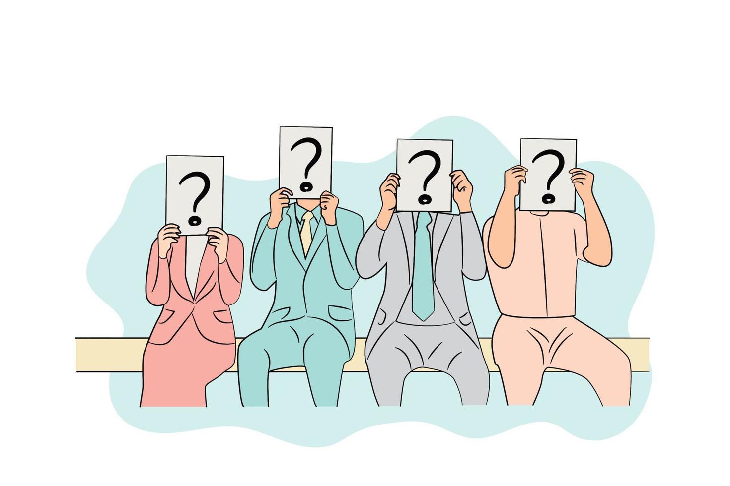 Concept for employee selection process. Candidates holding white billboard with a question mark on it and waiting for job interview. Vector illustration design