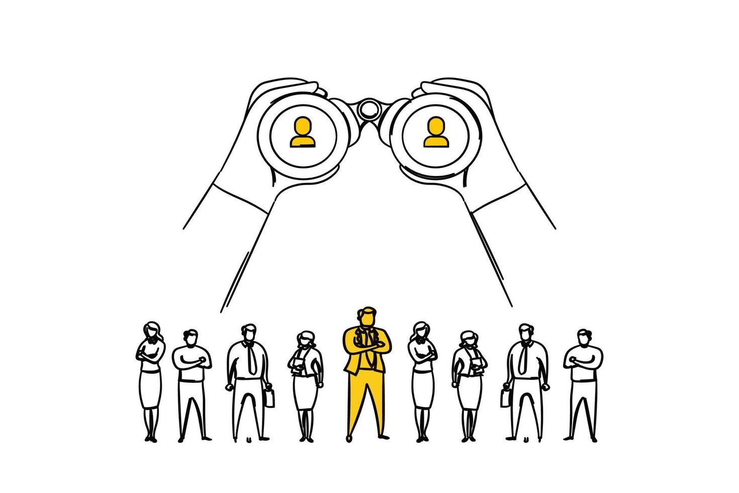 Concept of management try to find best talent. Hand holding binocular. Human resource vector illustration design
