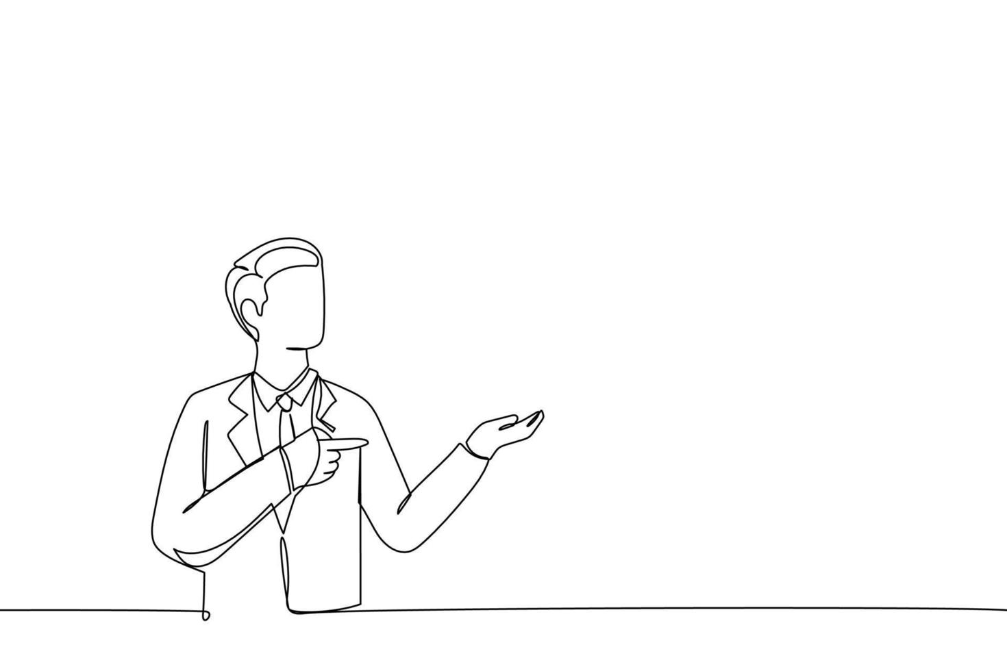 Cartoon of happy confident businessman showing presentation, pointing paper placard. Single continuous line art style vector
