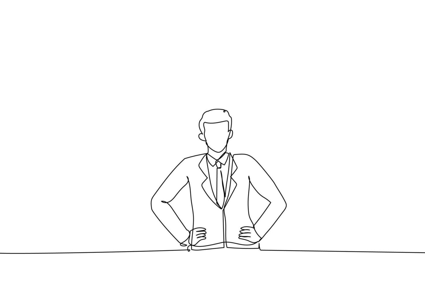 Illustration of businessman in glasses looking satisfied, smiling and holding hands on waist, standing. One line art style vector