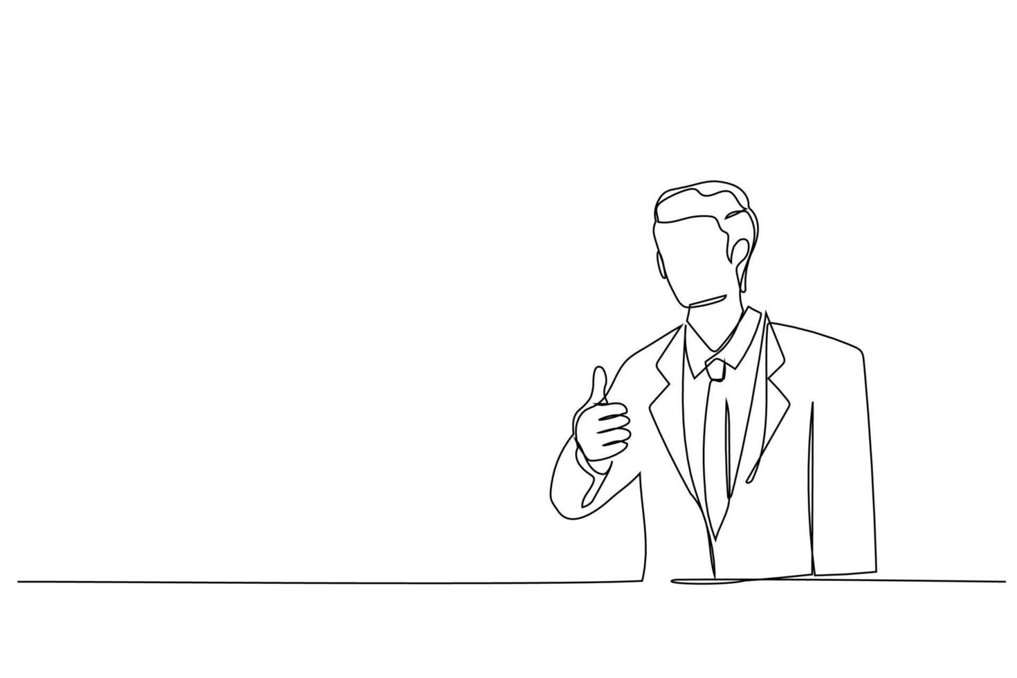 Drawing of Caucasian guy in business suit showing thumbs up sign. Single continuous line art vector