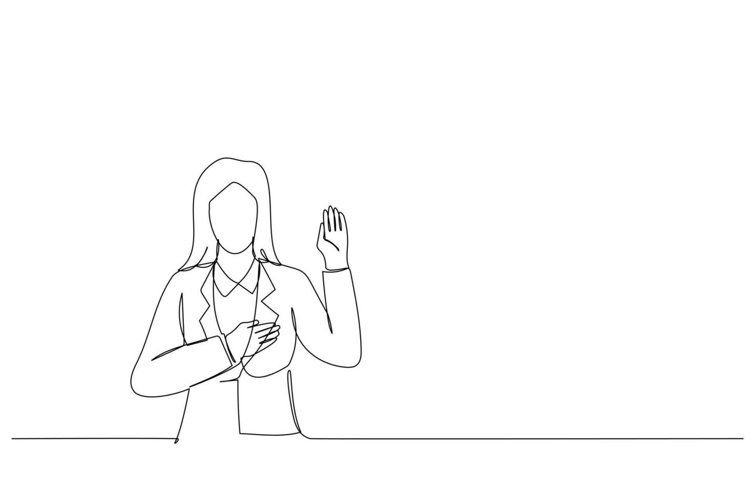 Cartoon of young woman wearing business style swearing with hand on chest and open palm, making a loyalty promise oath. Single continuous line art style vector