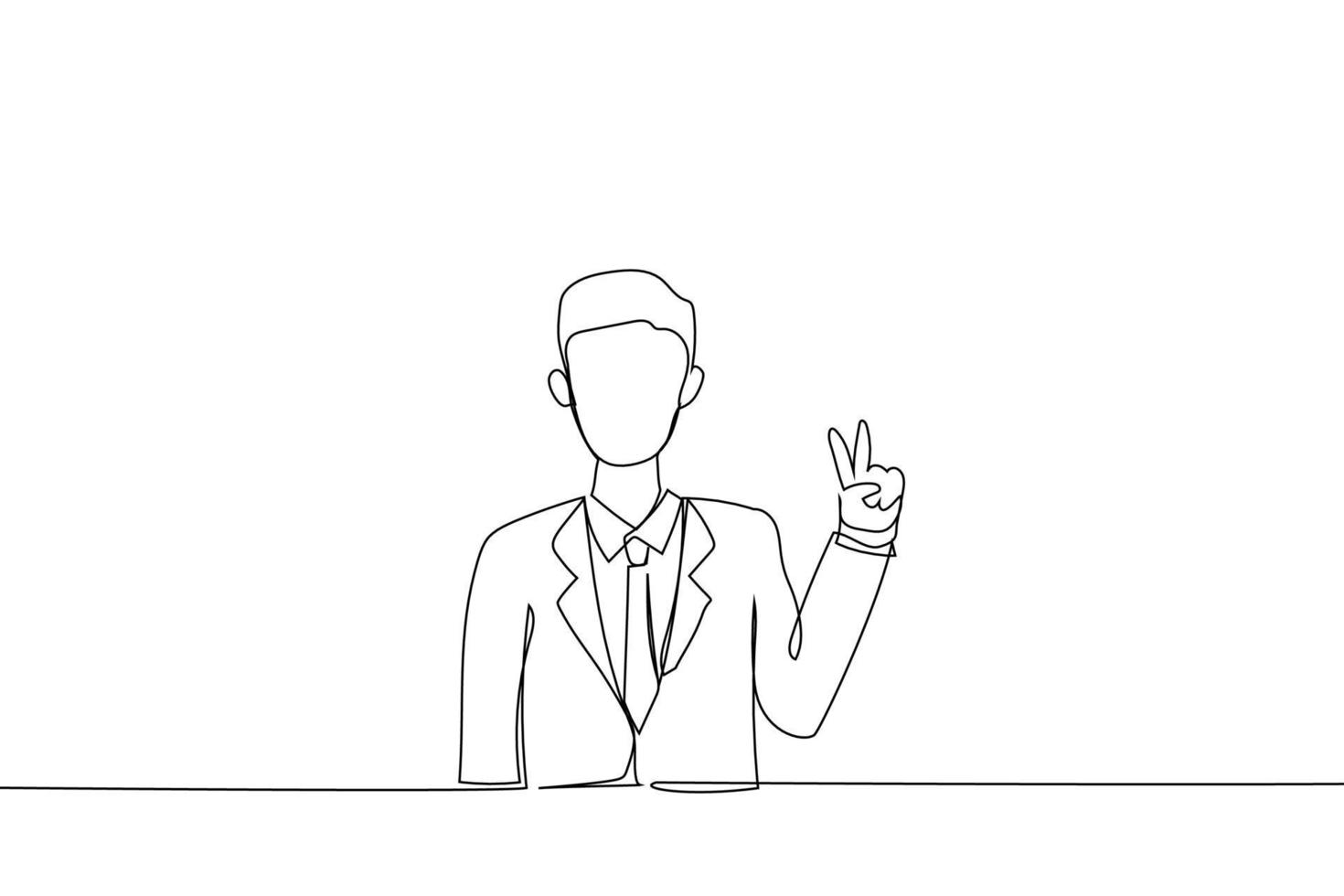 Cartoon of professional gesturing peace showing victory signs with both hands. Continuous line art style vector