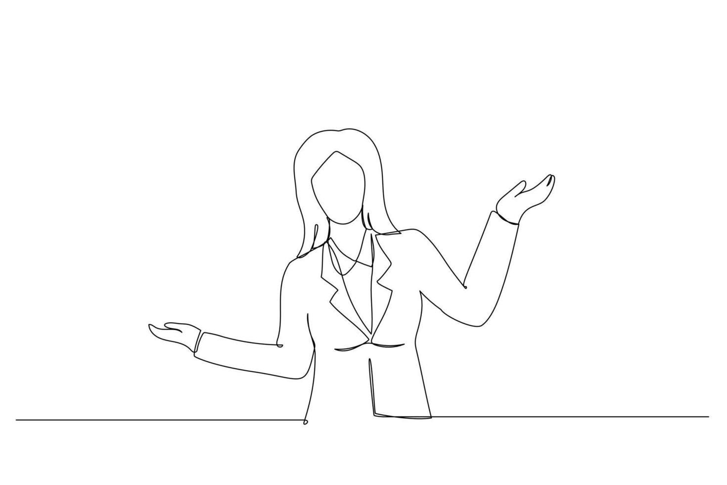 Illustration of pretty female boss keeps fit and healthy, raises hands and shows muscles, feels proud about her achievements. One continuous line art style vector