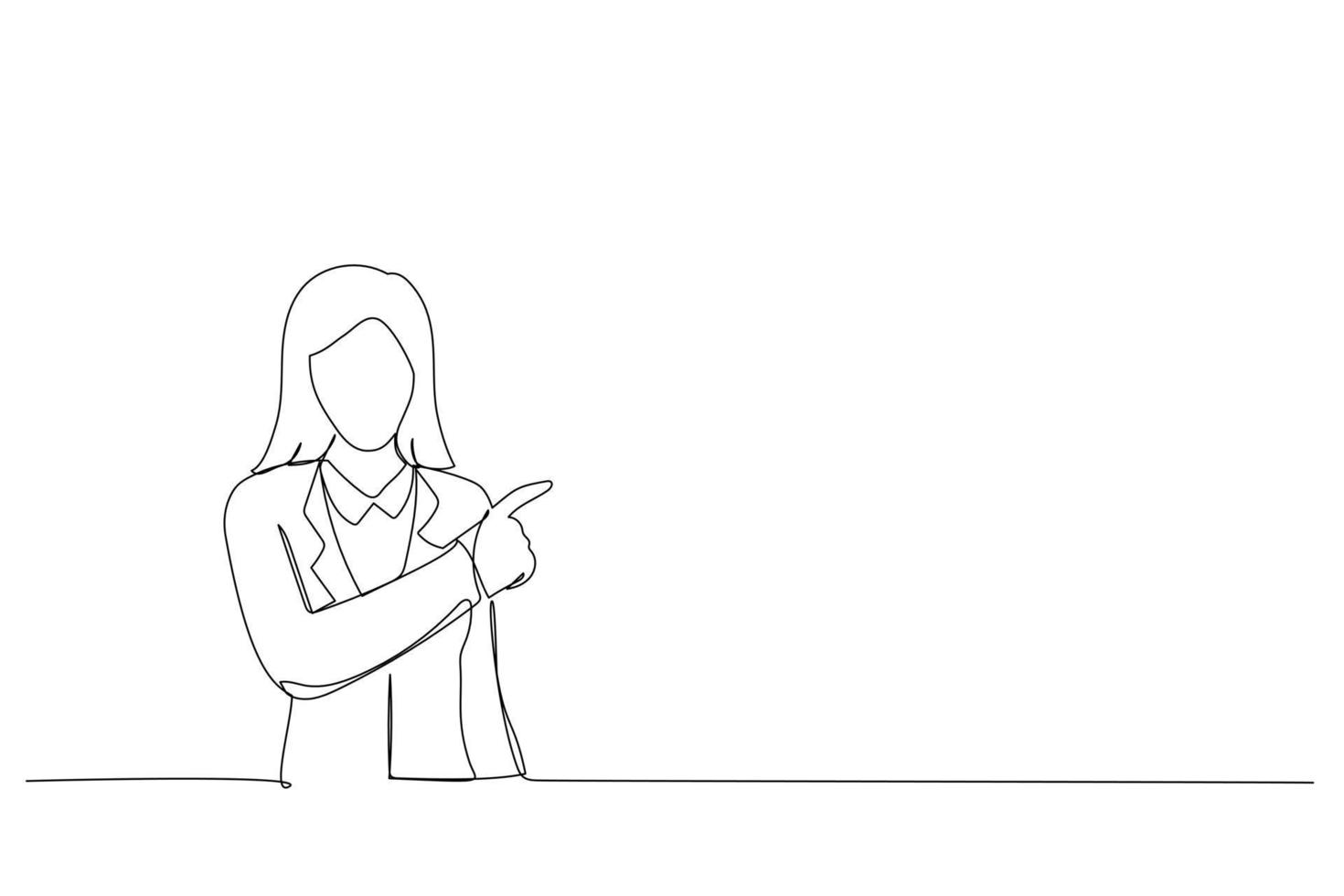 Cartoon of young woman pointing finger to the side. Single continuous line art style vector