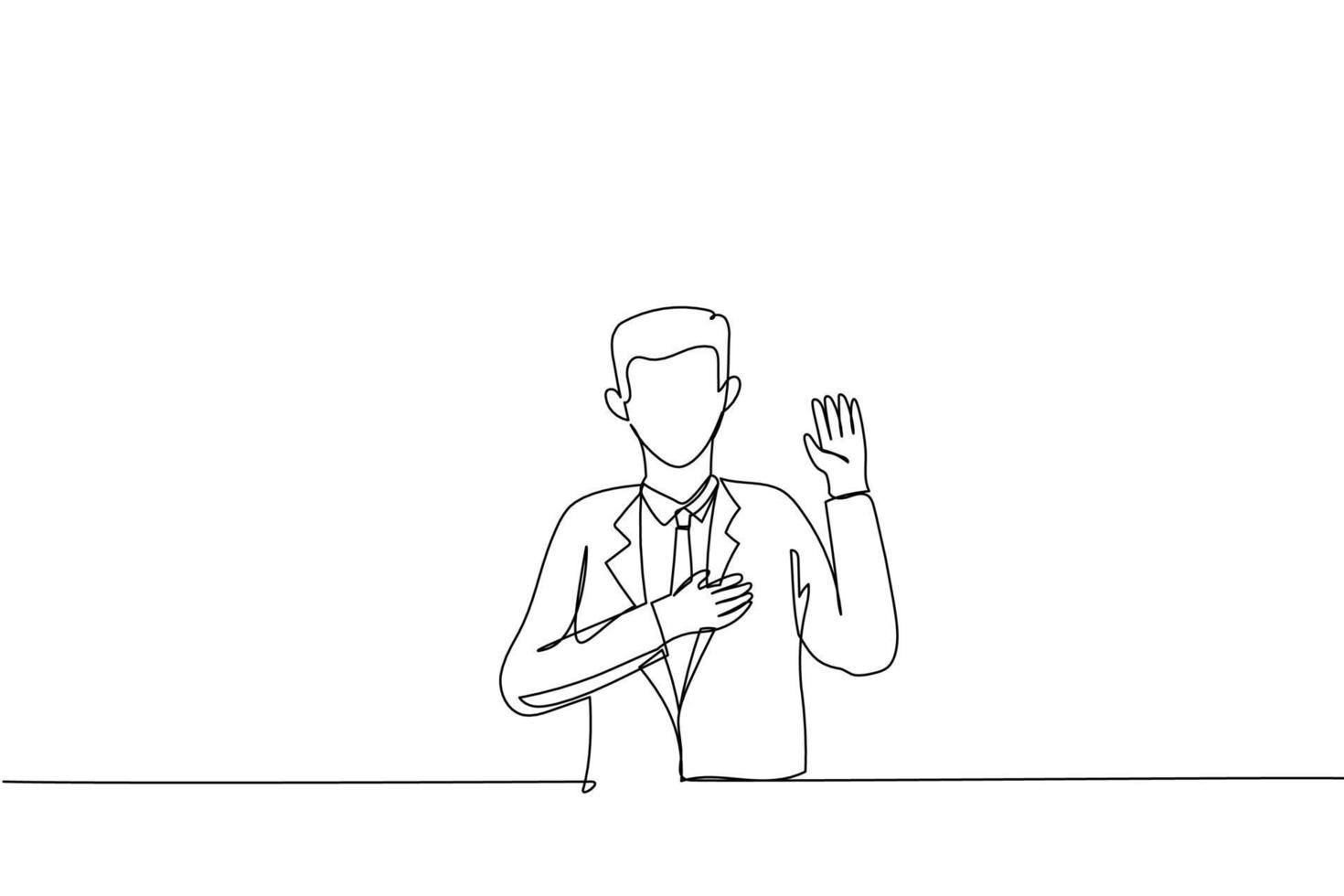 Cartoon of good-looking asian worker making promise, pledge give oath, raise one hand and put palm on hear as being honest and sincere. Single continuous line art style vector