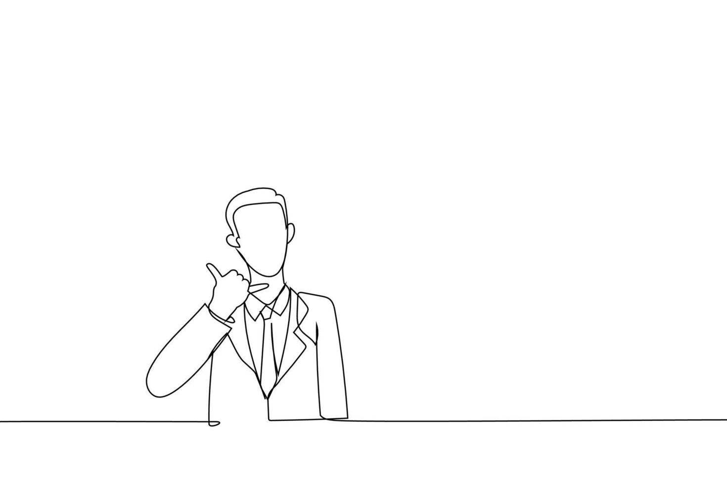Drawing of male investor showing and pointing up with finger number one. Single line art style vector