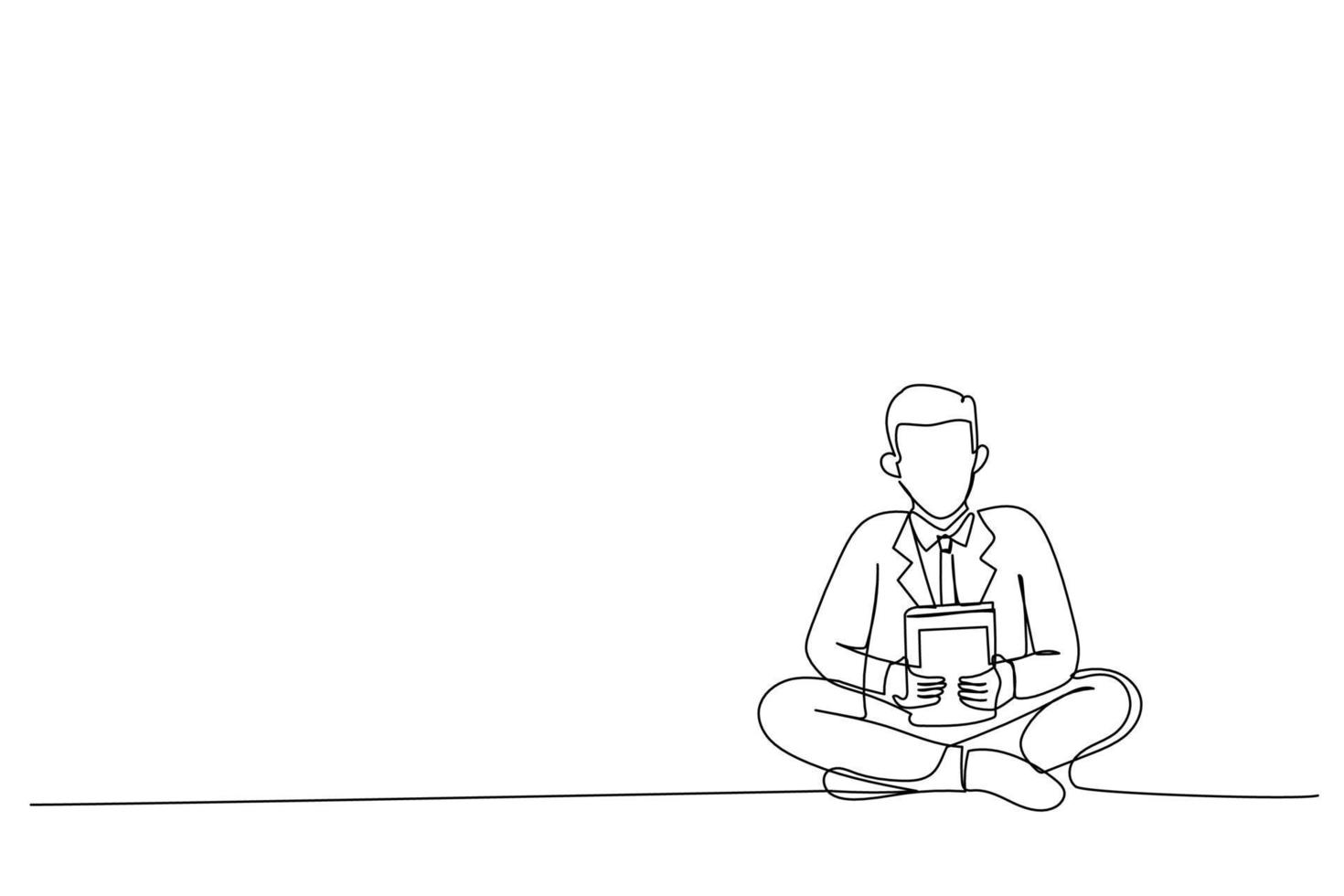 Drawing of worker meditating in lotus pose on the floor in the office. Single line art style vector