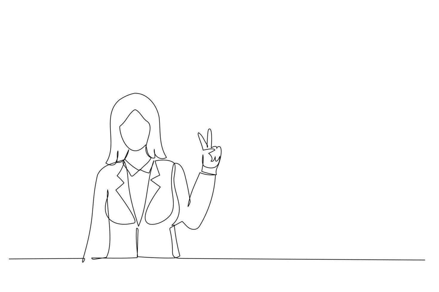 Cartoon of attractive girl is showing peace sign and smiling. Continuous line art style vector