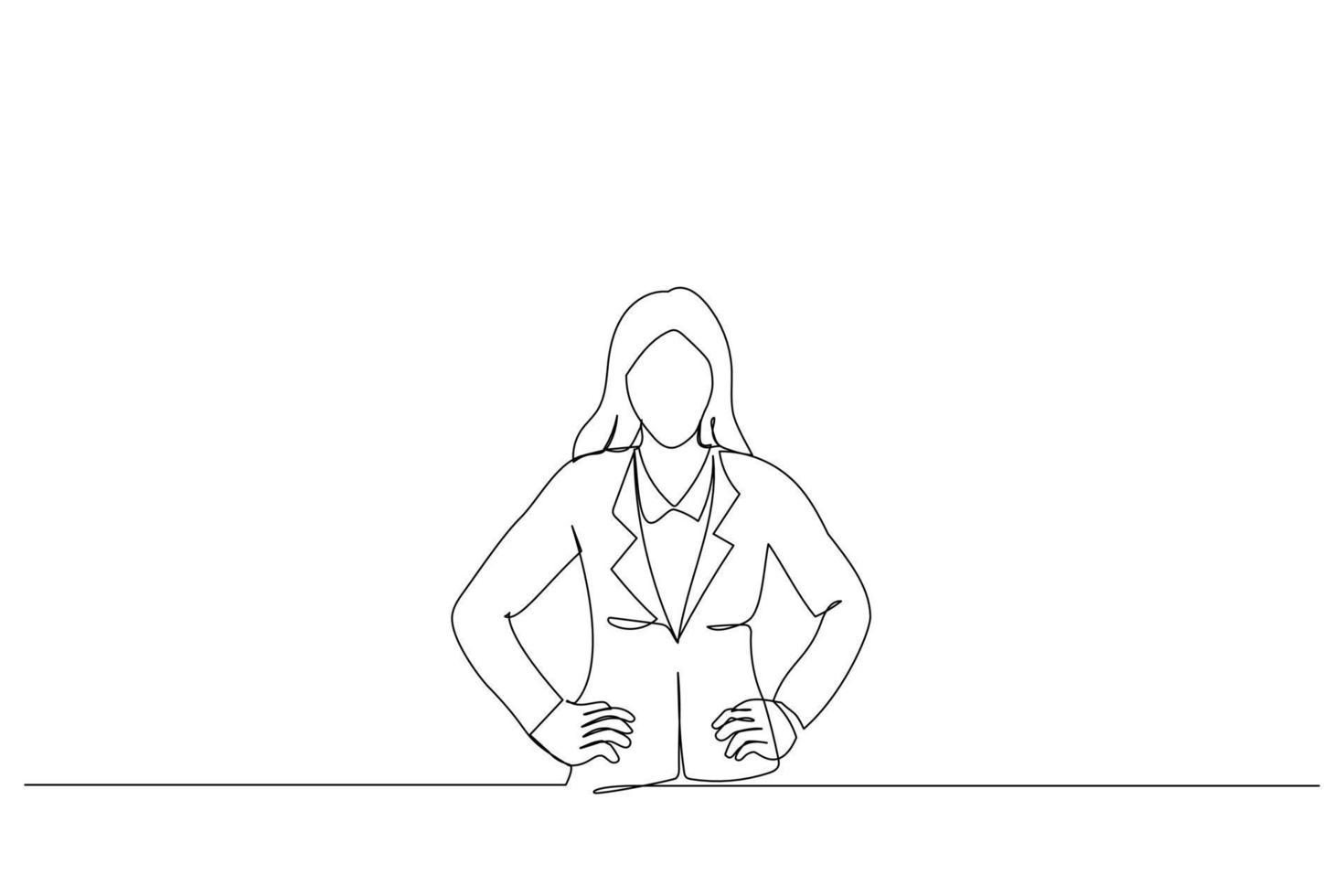 Illustration of young woman standing with hands on waist. One line art style vector