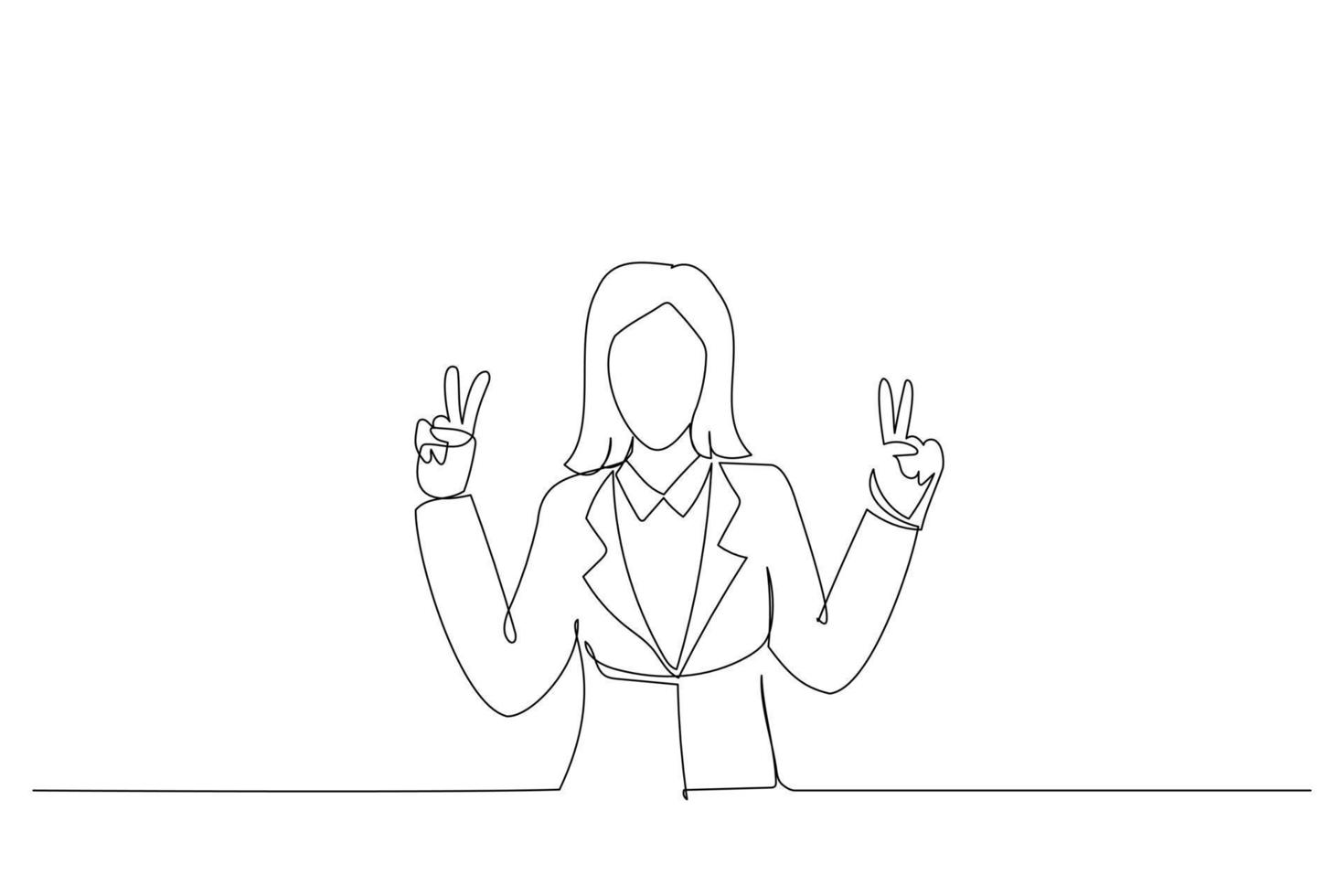 Illustration of overjoyed lady good mood hands hug herself shoulders. One continuous line art style vector