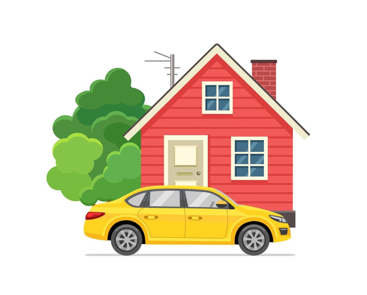 Private house with car and tree. Country life. Vector illustration isolated on white background.
