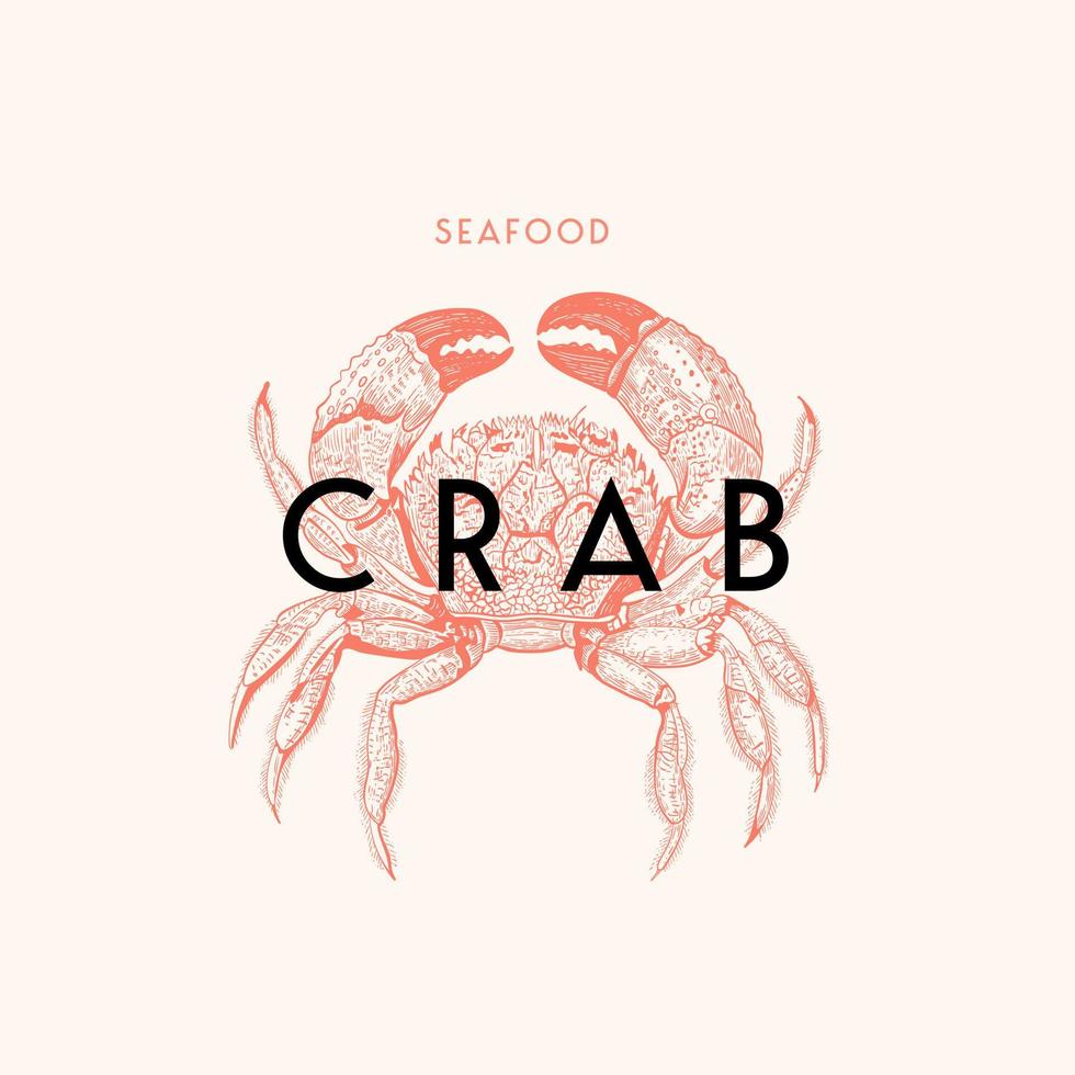 The sea crab is drawn in the style of an engraving on a light background. Seafood. Signboard for a restaurant. Illustration for the menu of fish restaurants, for product packaging. Vector illustration