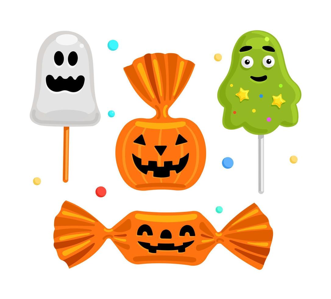 Halloween colorful candy icons. Lollipops, candies for holiday design. Vector illustration.