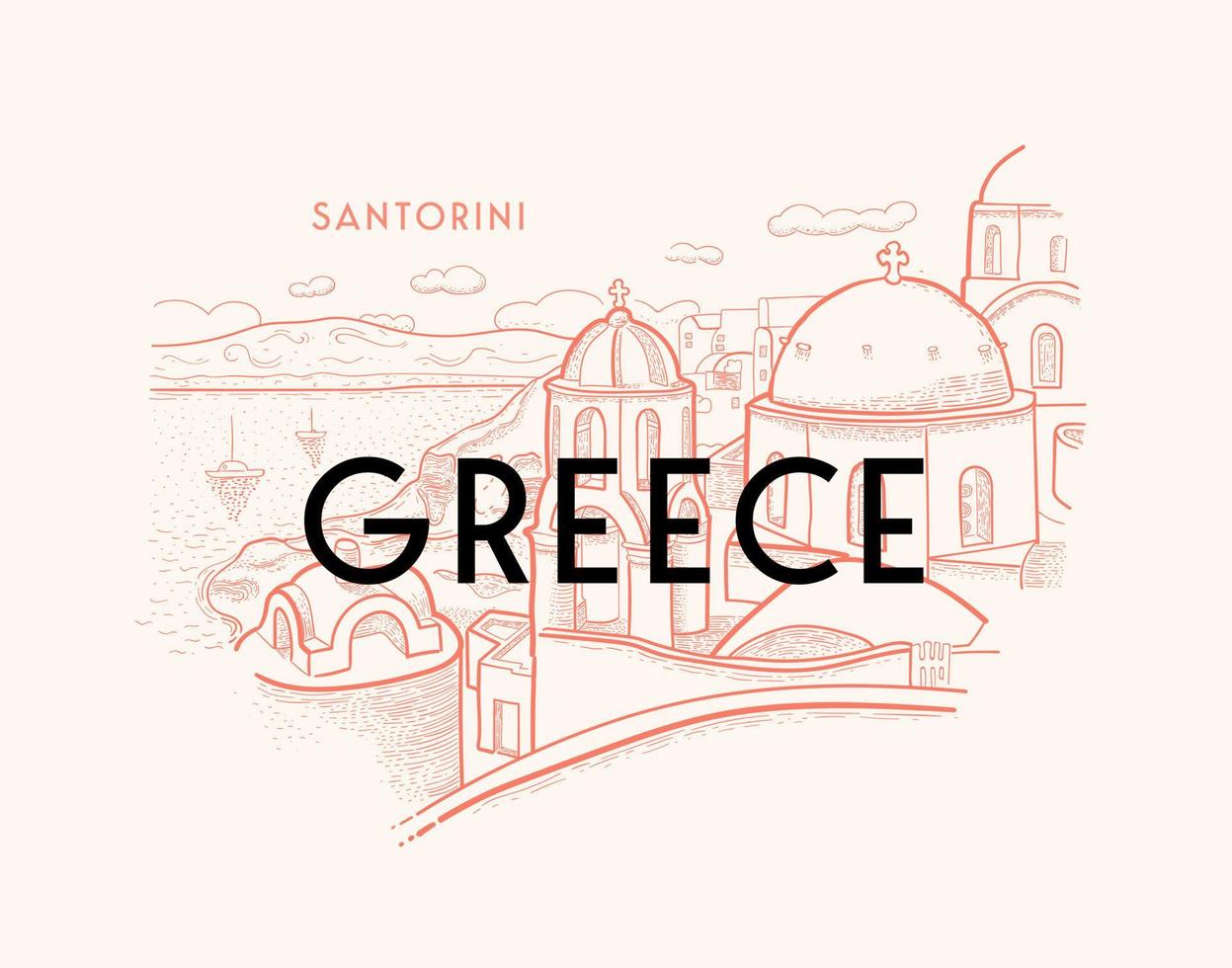 Santorini island, Greece. Beautiful traditional architecture and Greek Orthodox churches. The Aegean sea. Advertising card, flyer. Vector illustration in engraving style