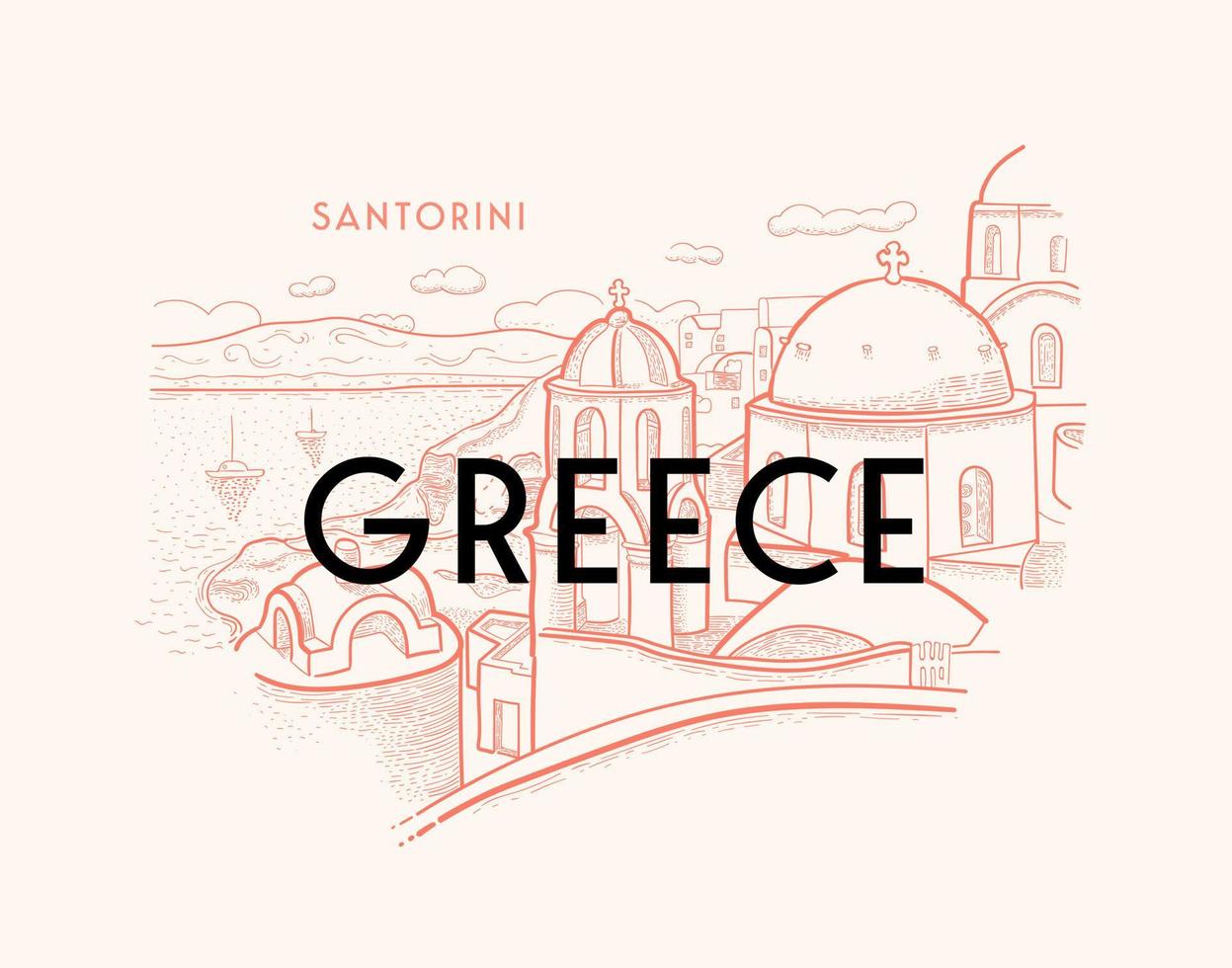 isla de santorini, grecia. hermosa arquitectura tradicional e iglesias ortodoxas griegas. el mar egeo. tarjeta publicitaria, volante. ilustración vectorial en estilo de grabado vector