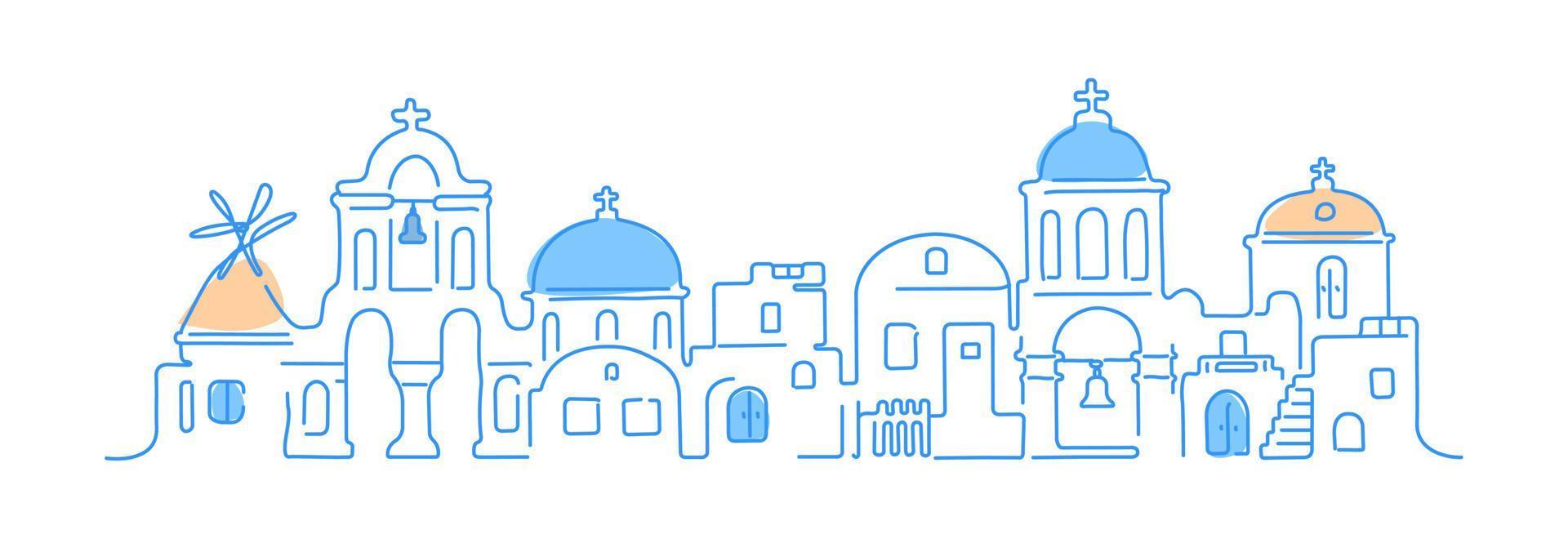 Santorini island, Greece. Traditional white architecture and Greek Orthodox churches with blue domes and a windmill. Vector linear illustration.