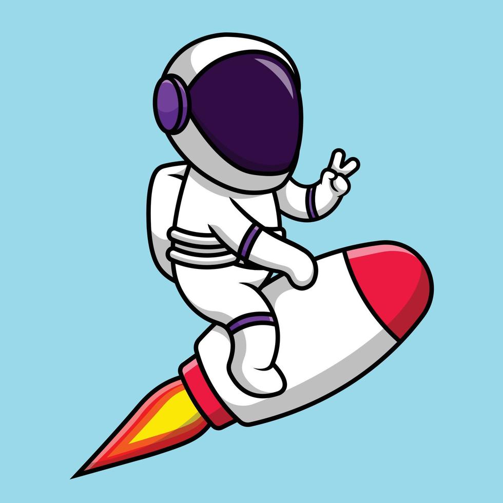 Cute Astronaut Riding Rocket With Peace Hand Cartoon Vector Icon Illustration. Science Technology Flat Cartoon Concept