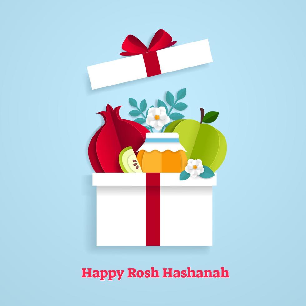 Rosh Hashanah greeting banner with symbols of Jewish New Year pomegranate, apple, honey and papper art flowers. Paper cut vector illustration template.
