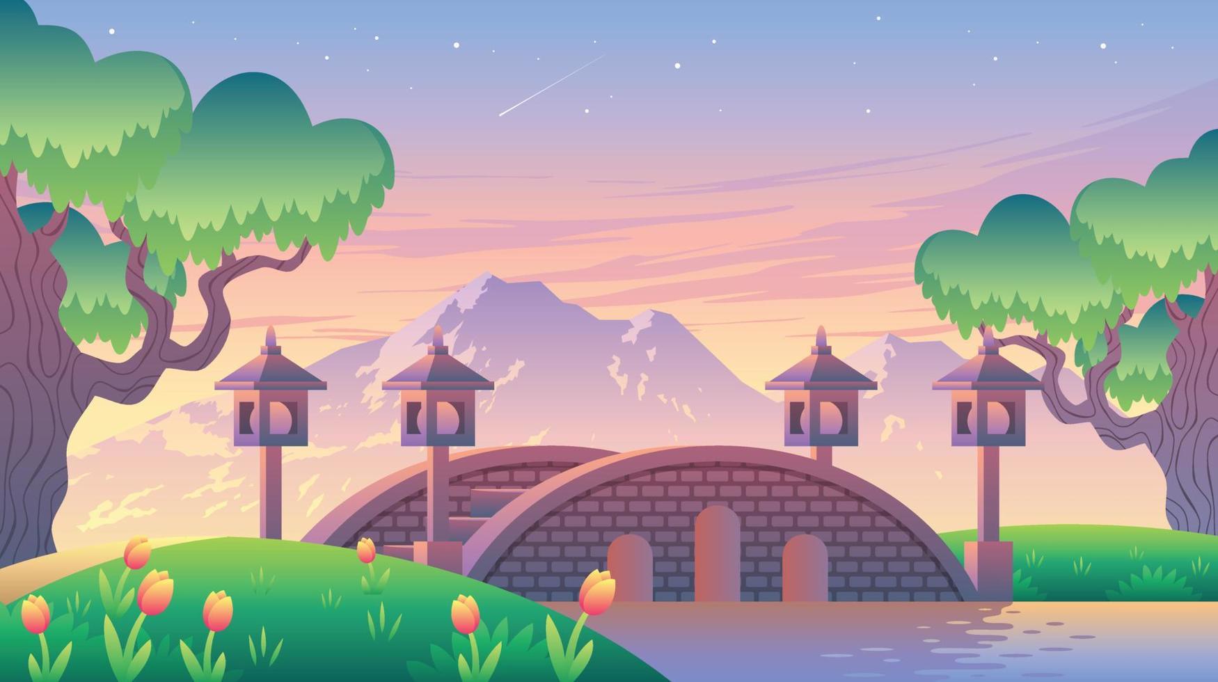 puente tradicional al atardecer paisaje ilustración vector