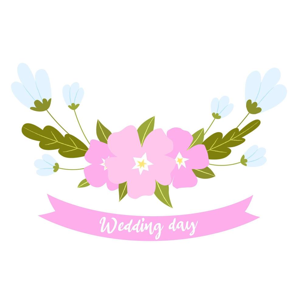 Floral illustration, pink and blue flowers isolated on a white background. Design for Wedding day, save the date. Vector element for card, baner, template.