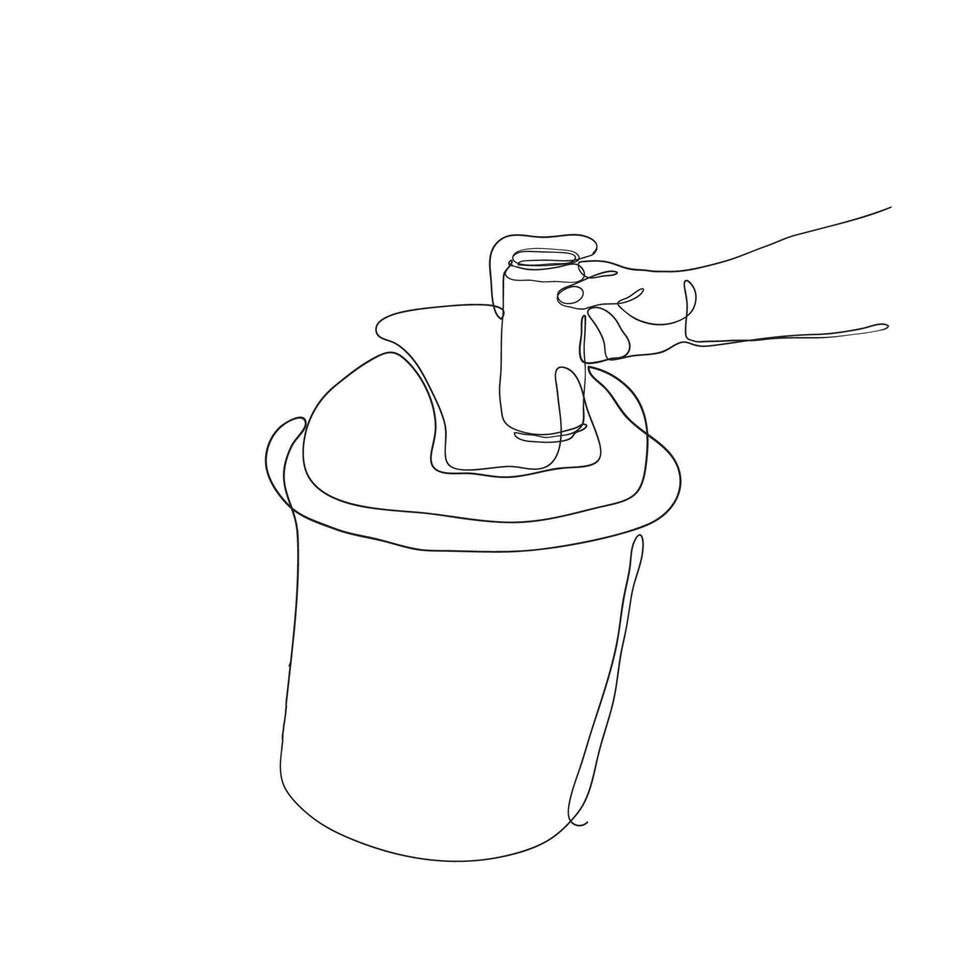 dibujo de línea continua tirando a mano una botella en la ilustración del cubo de basura vector