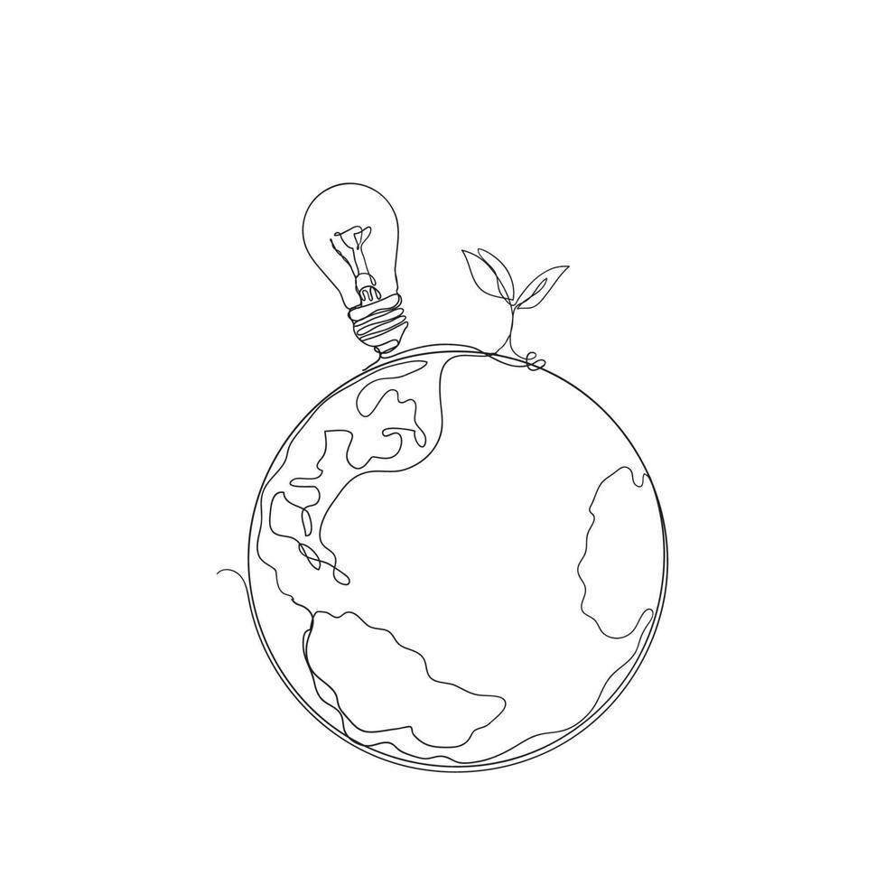 continuous line drawing earth with plant and bulb symbol for eco energy illustration vector