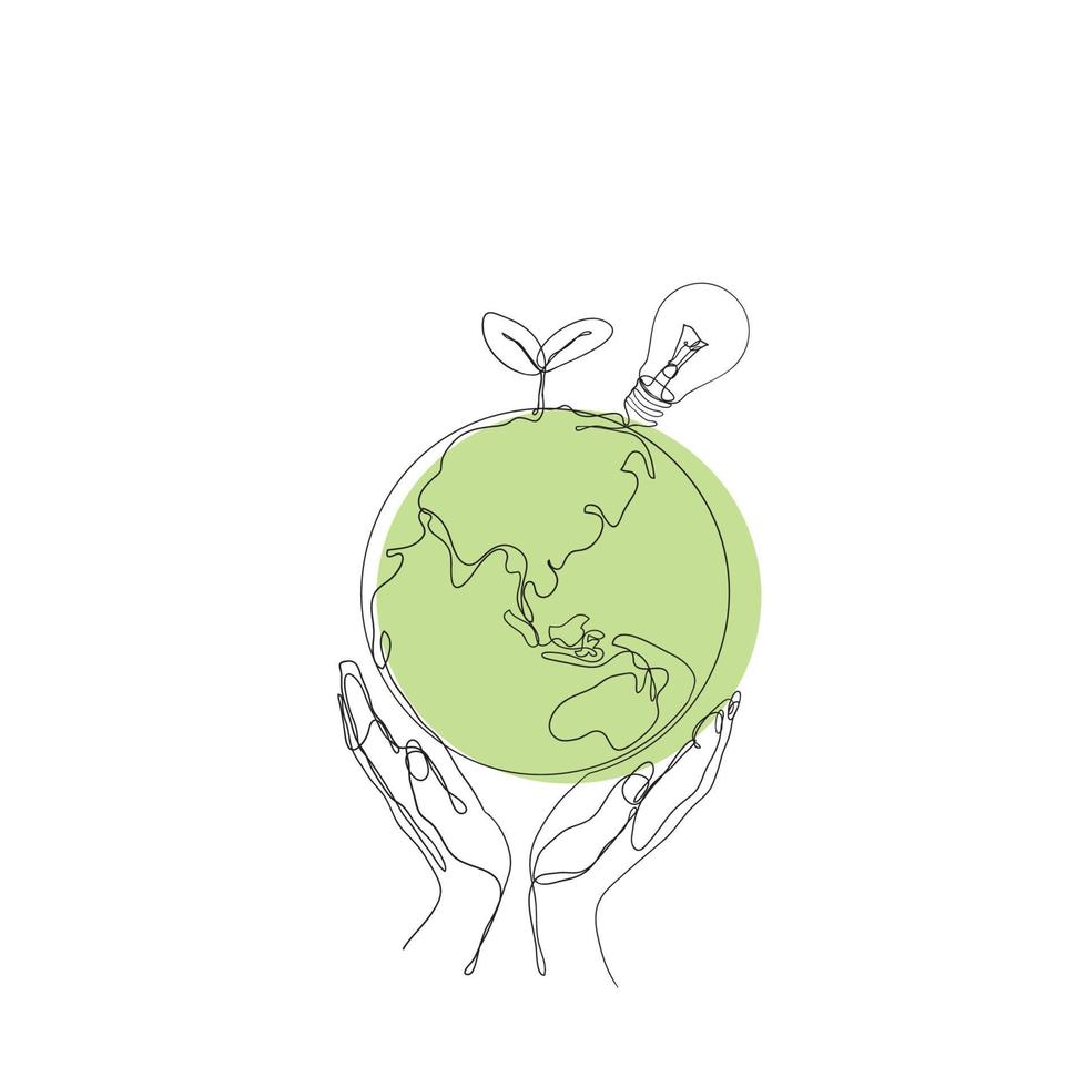 continuous line drawing earth with plant and bulb symbol for eco energy illustration vector