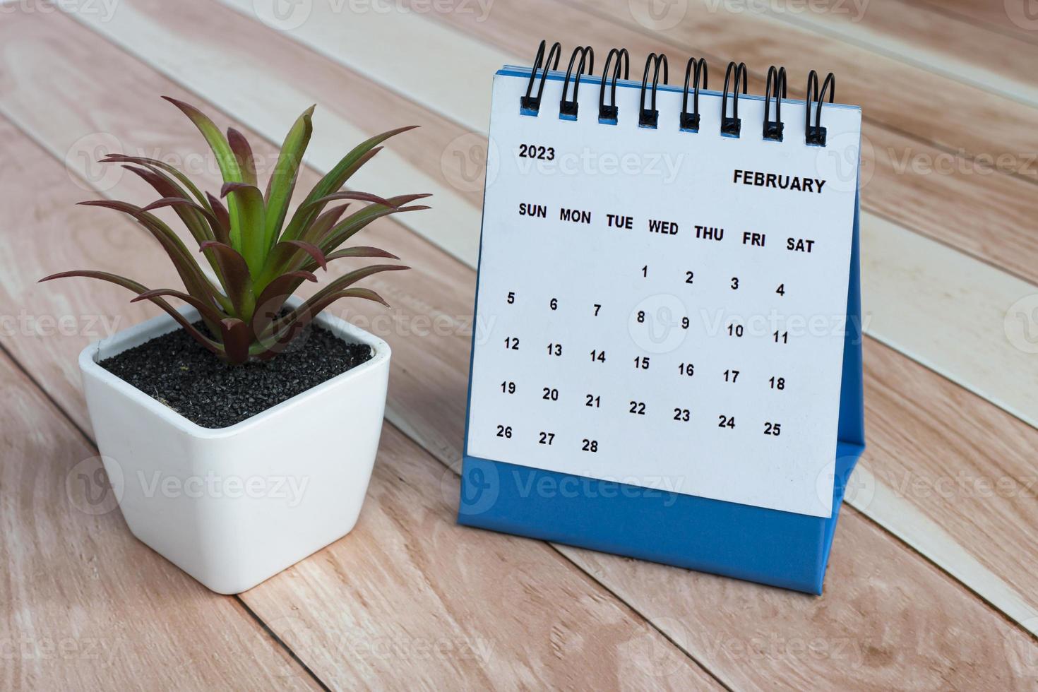 February 2023 desk calendar on top of wooden table with potted plant. photo