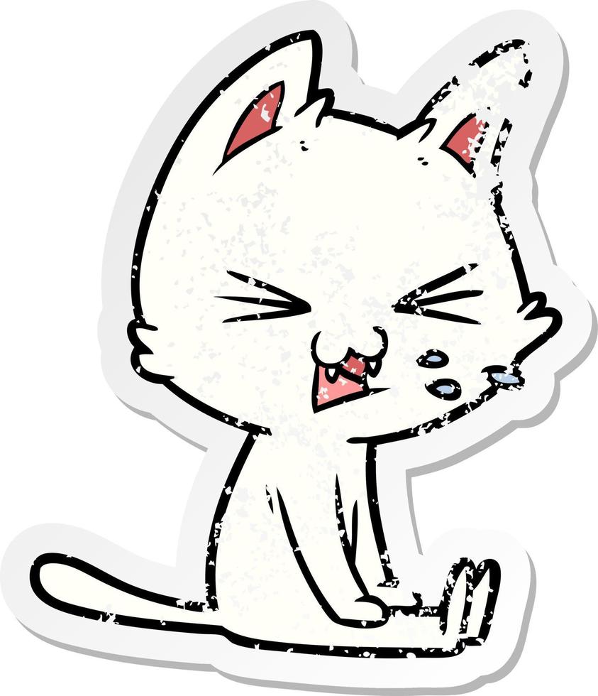 distressed sticker of a cartoon sitting cat hissing vector