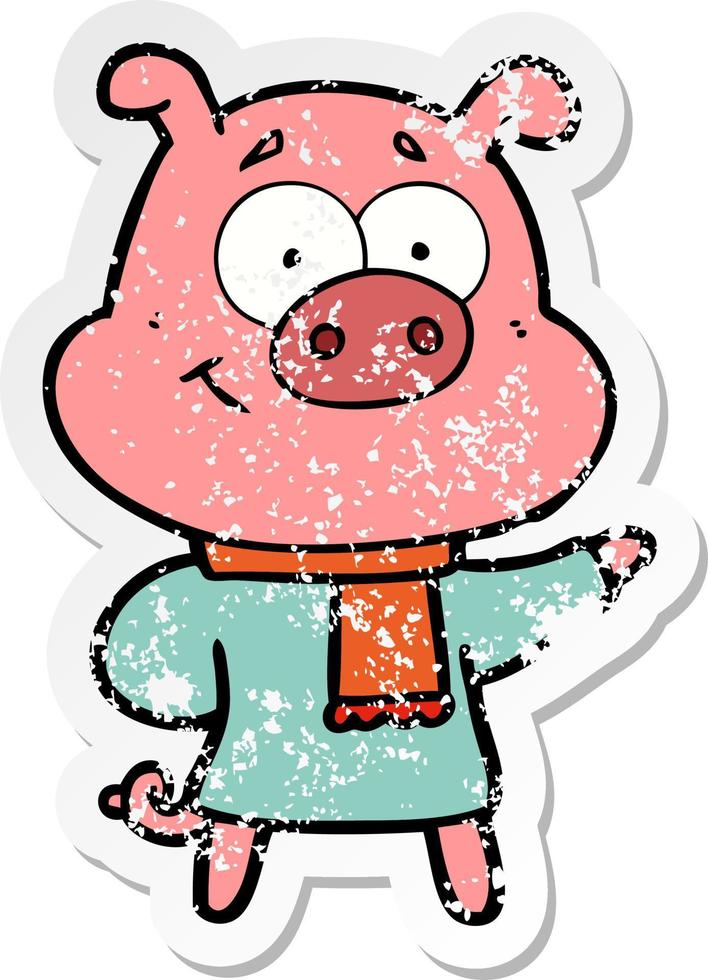 distressed sticker of a happy cartoon pig wearing warm clothes vector