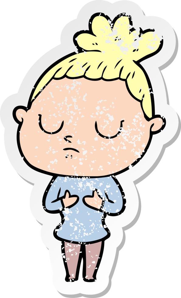 distressed sticker of a cartoon calm woman vector