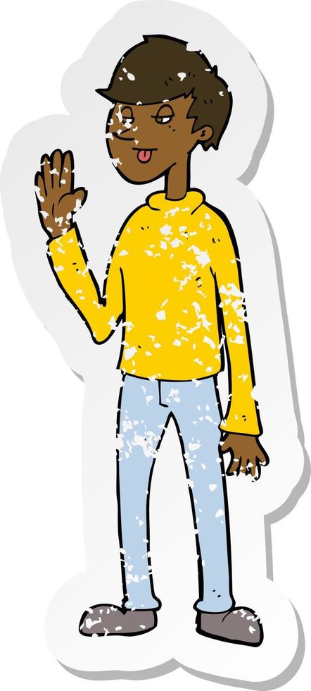 retro distressed sticker of a cartoon waving man vector