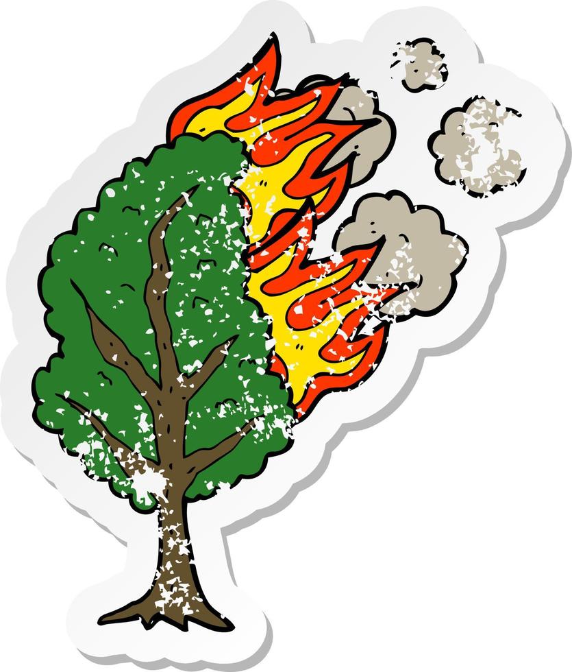 pegatina retro angustiada de un árbol en llamas de dibujos animados vector