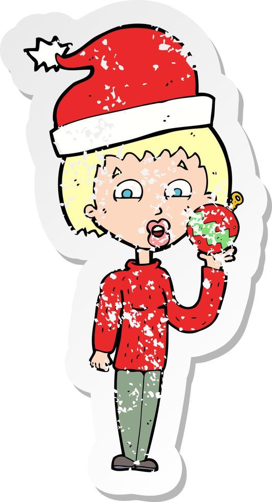 retro distressed sticker of a cartoon woman ready for christmas vector