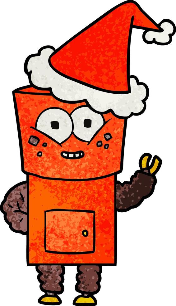 happy textured cartoon of a robot waving hello wearing santa hat vector
