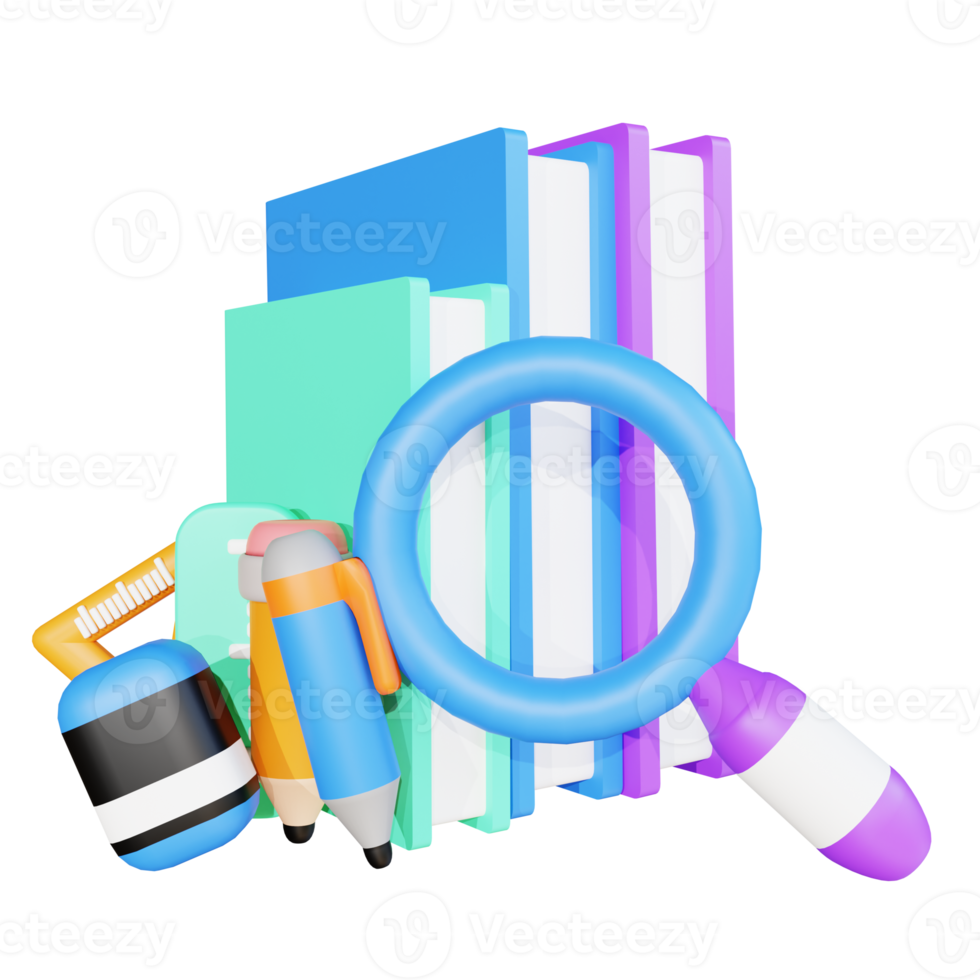 3D illustration book magnifying glass and pencil for education png